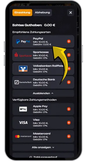 Den Einzahlungsbereich im Spielerkonto öffnen und PayPal aus der Liste der verfügbaren Zahlungsmethoden auswählen
